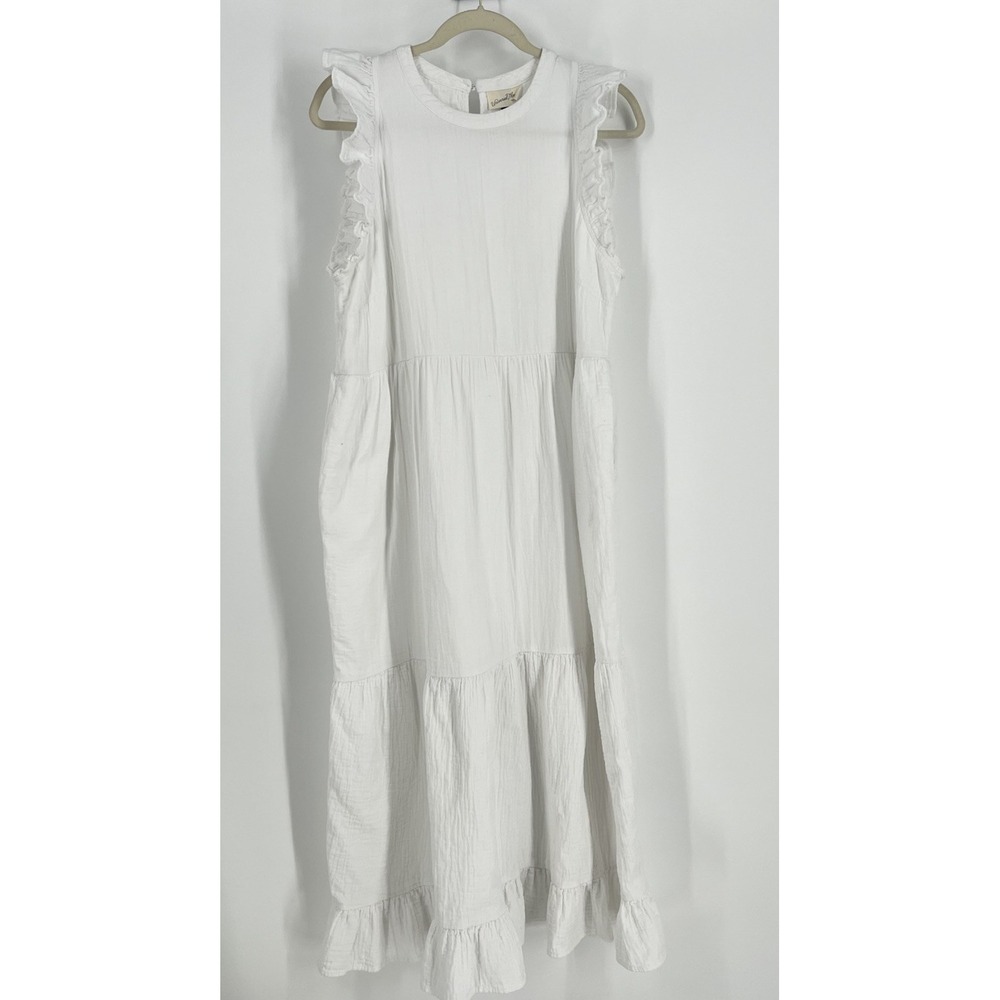 Women XL White Tiered Cotton Gauze Midi Dress Sorority Initiation Flutter Sleeve